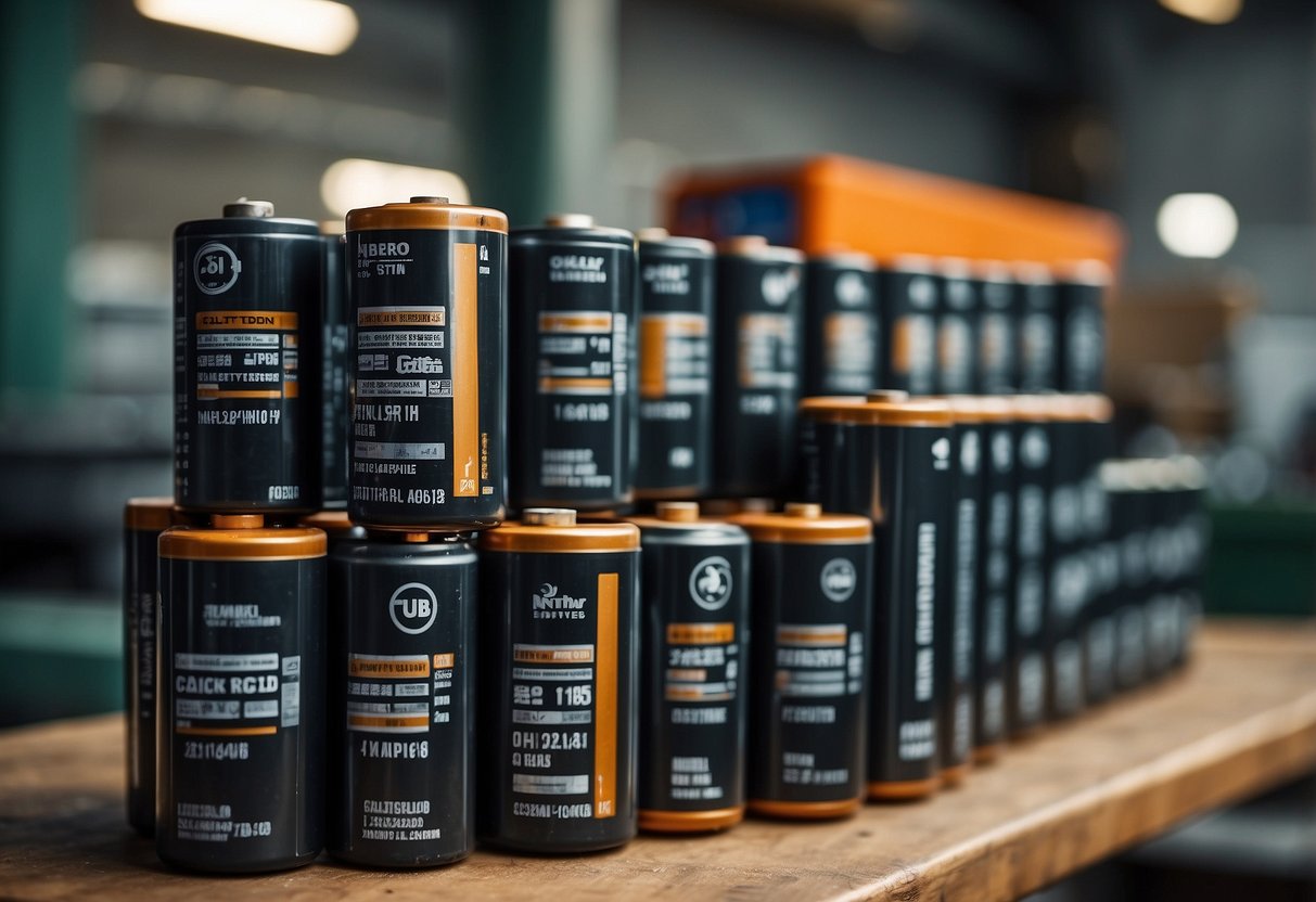 A pile of old car batteries sits on a workbench, ready for sale. Labels indicate their condition and price