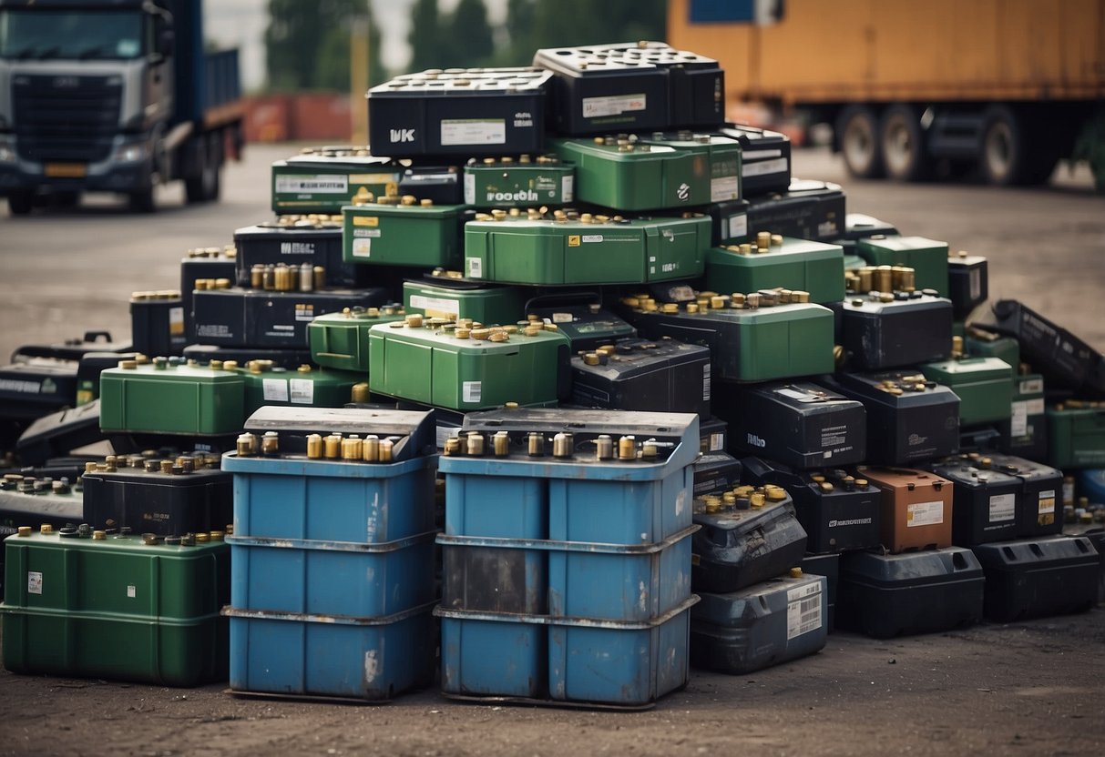 A pile of used car batteries being collected by a recycling company truck. A sign nearby highlights the financial and environmental benefits of recycling batteries