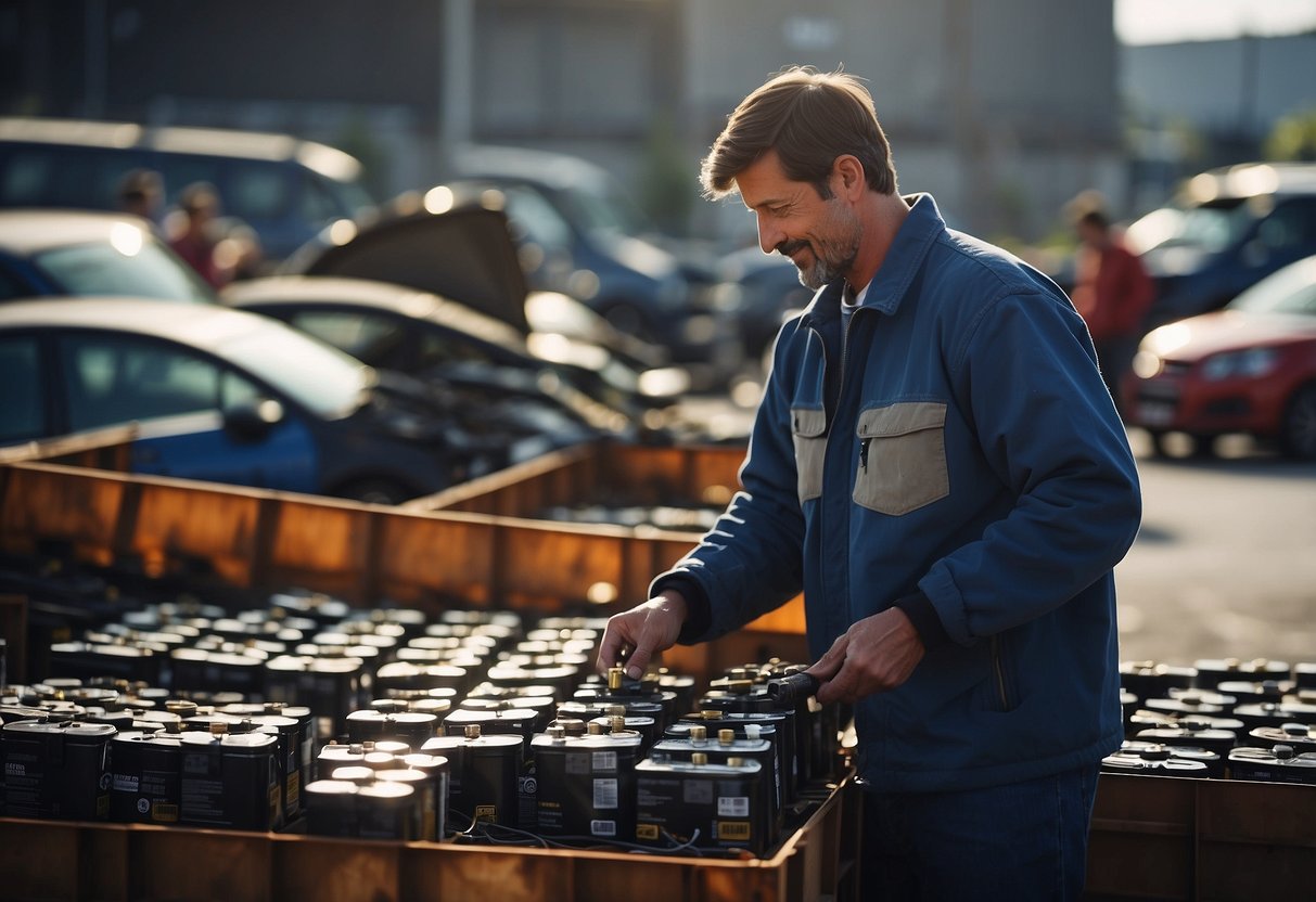 A customer purchasing old car batteries from a recycling center or scrap yard