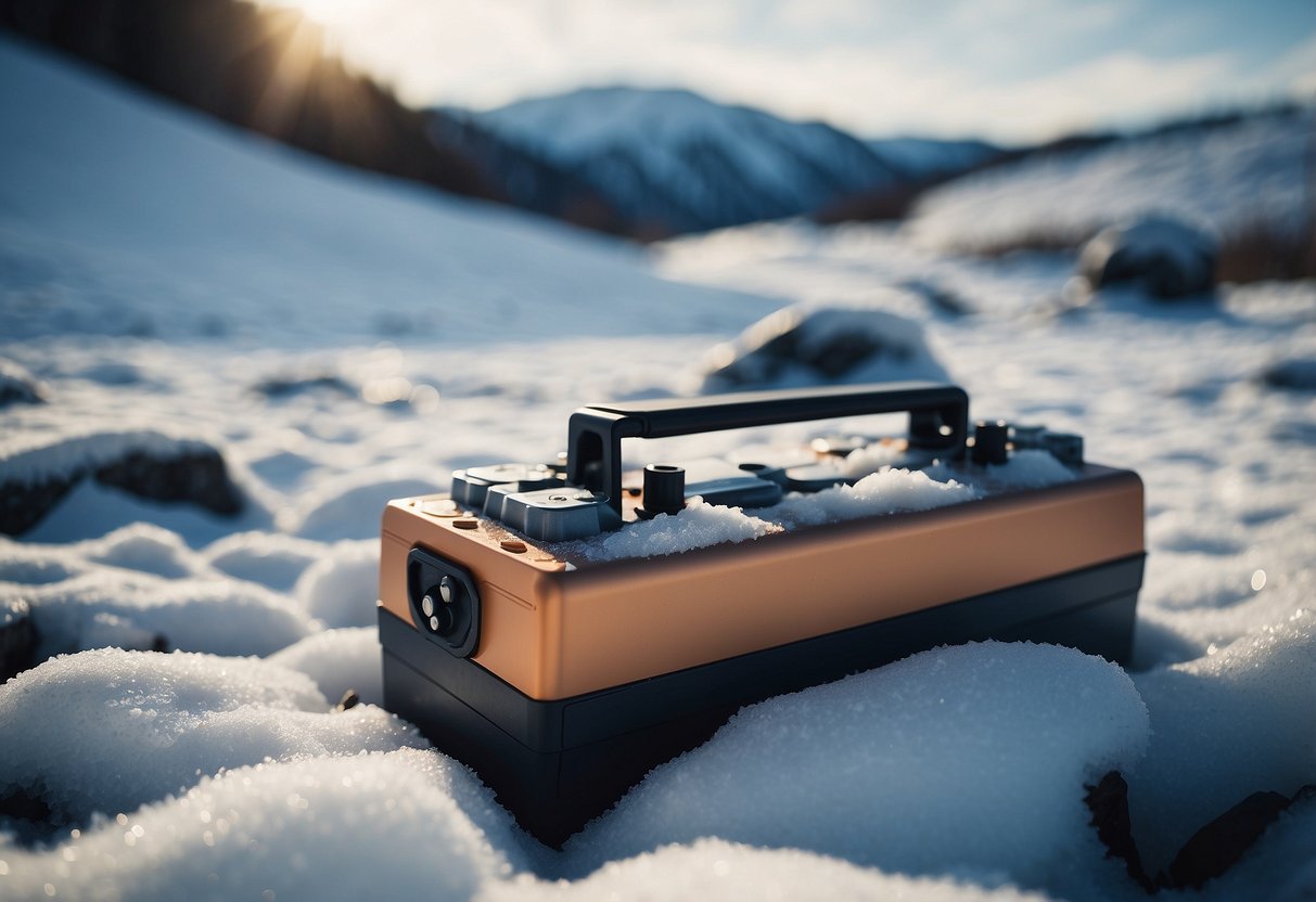 A car battery sits in a frozen landscape, surrounded by icy crystals and snow