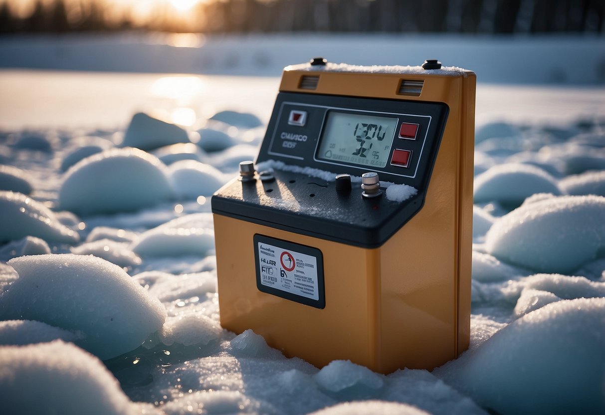 A car battery sits in a frozen landscape, surrounded by ice and snow. A thermometer shows a temperature below freezing