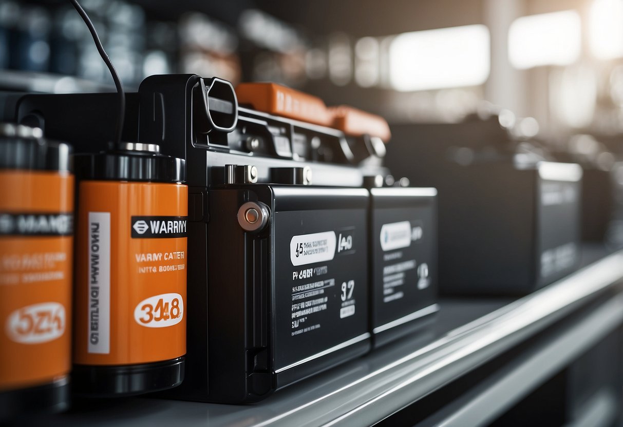 A car battery sits on a shelf next to its warranty card and a sign indicating warranty coverage