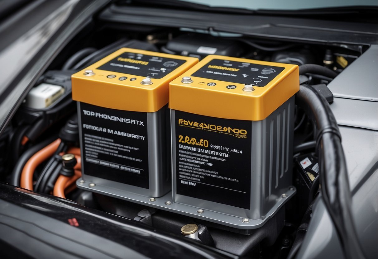 A car battery with two warranty cards, one for the manufacturer's warranty and the other for the extended warranty, displayed next to a car engine