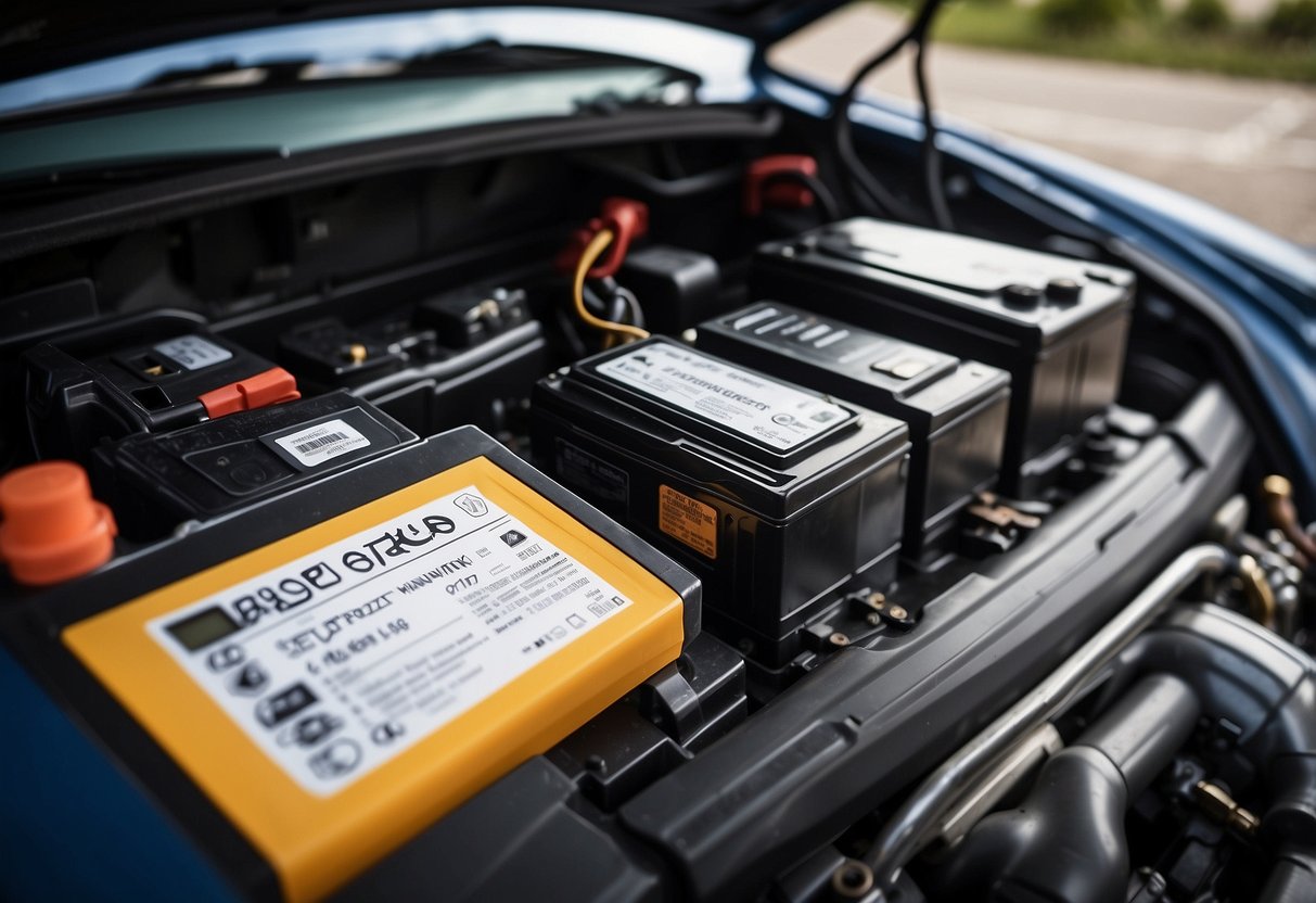 A car battery with a warranty sticker attached, surrounded by a vehicle's engine compartment and a customer's receipt