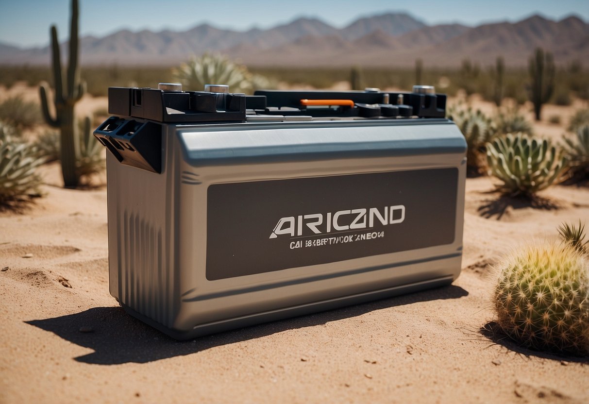 A car battery sits under the scorching Arizona sun, its plastic casing absorbing the intense heat. The desert landscape stretches out in the background, with cacti and sand dunes adding to the arid atmosphere