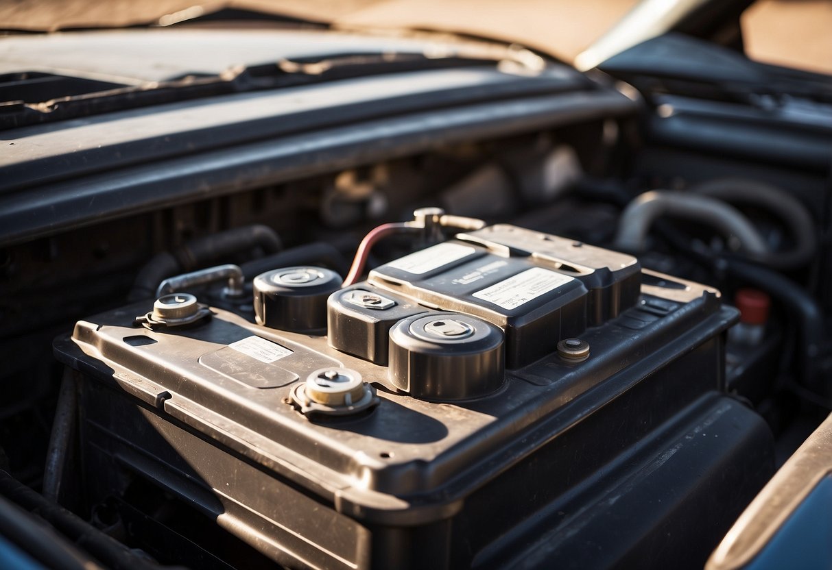 A car battery sits under the hood of a parked vehicle in the scorching Arizona sun, showing signs of corrosion and wear