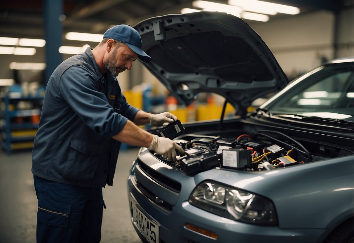 A mechanic removes an old car battery and places it in a designated disposal area. A new battery is then installed in the vehicle