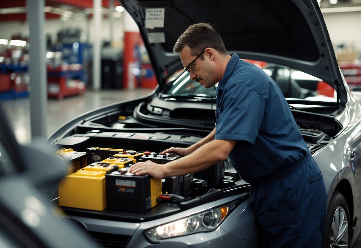 A technician at Costco tests a car battery using specialized equipment