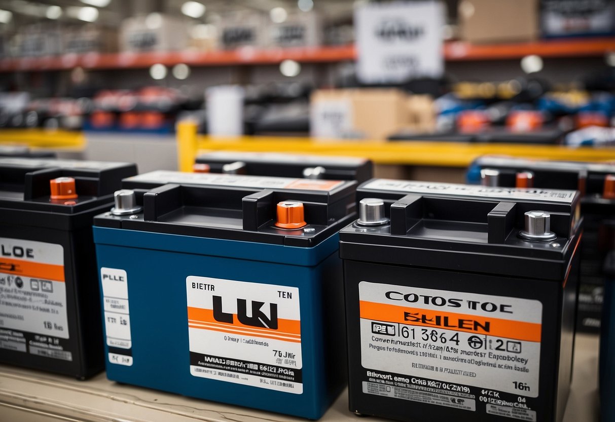 Various car batteries on display at Costco, including lead-acid, AGM, and lithium options. Costco employees testing batteries in a designated area