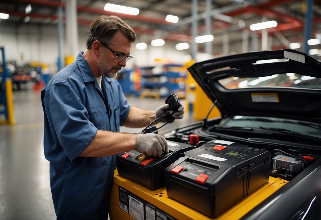 A technician at Costco tests a car battery using specialized equipment