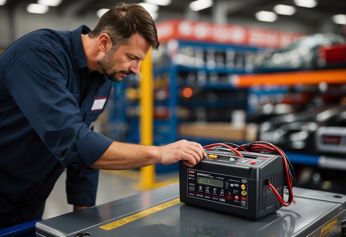 A car battery being tested at Costco, with a technician using a multimeter to check its voltage and a display showing the results