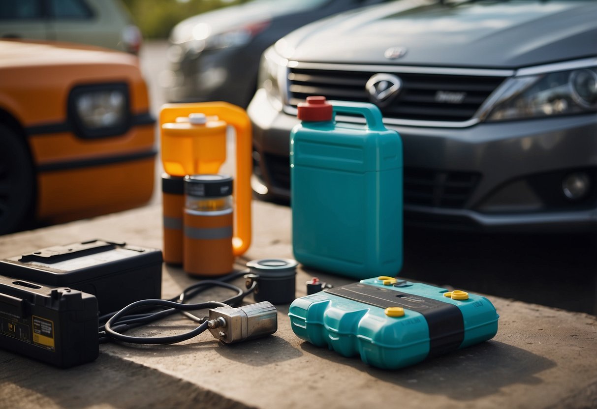 A car battery with low water level and corrosion around the terminals, next to a jug of distilled water and a battery maintenance tool kit