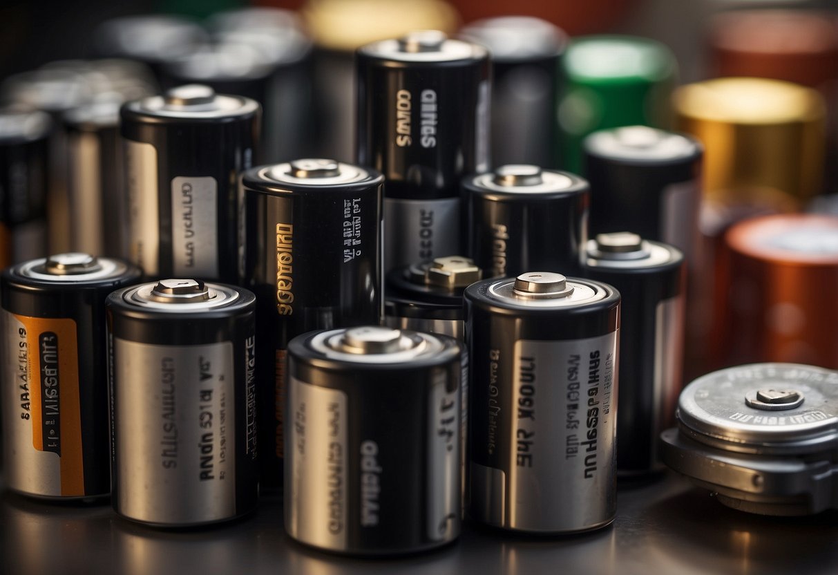 A pile of old car batteries sits on a scale, with a price tag reading "$5 per battery" displayed prominently nearby