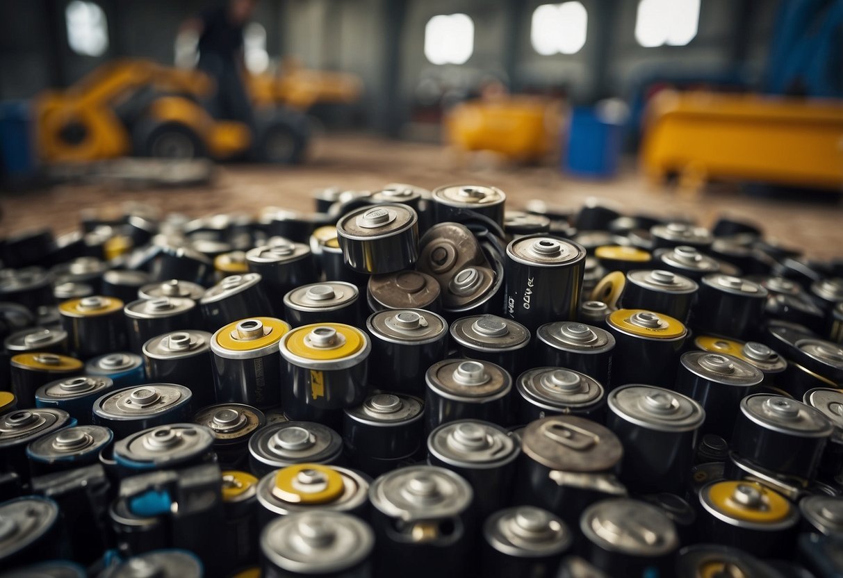 A pile of scrap car batteries sits in a recycling facility, surrounded by signs indicating environmental regulations and the potential value of the batteries