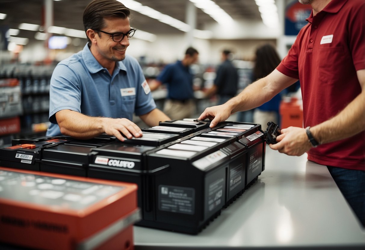 A customer hands over an old car battery to a Costco employee at the customer service desk