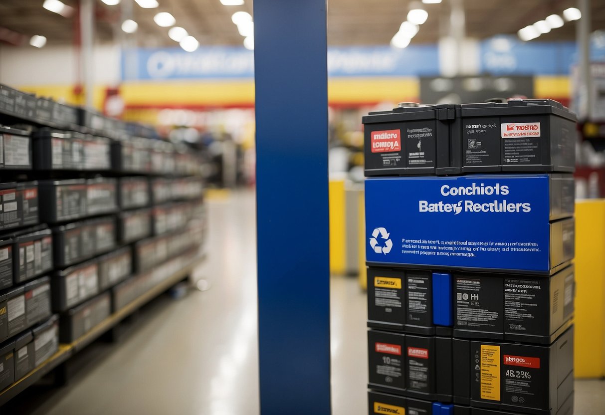 A stack of old car batteries sits next to a Costco store entrance, with a sign indicating the battery recycling program