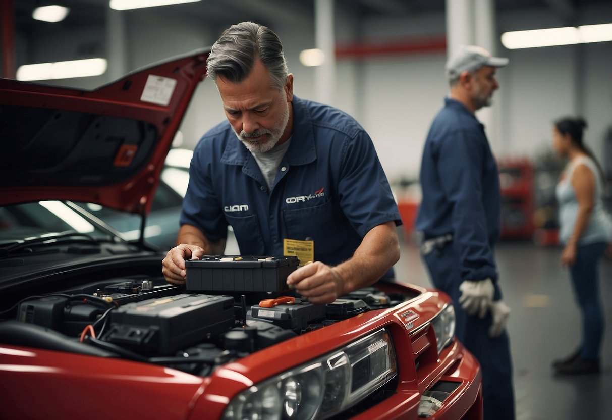 A mechanic replaces a car battery at Costco. Old battery is removed and new one is installed