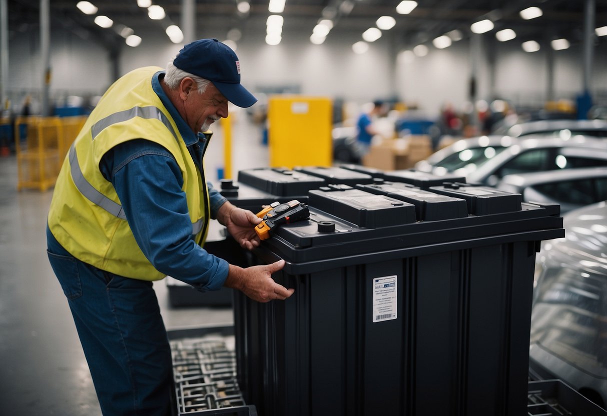 A person dropping off an old car battery at a Costco recycling center