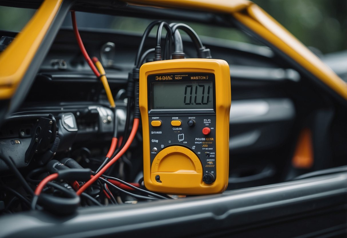 A car with a hood popped open, a disconnected battery, and a multimeter showing zero voltage