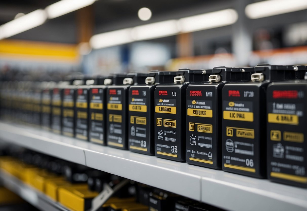 A row of shiny car batteries on display in a well-lit automotive store, with various brands and models competing for attention