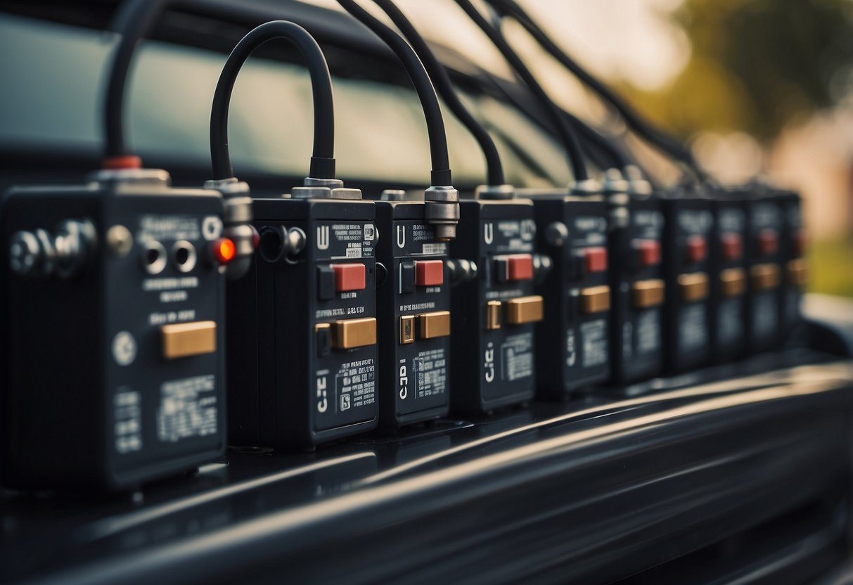 Multiple car batteries connected to a house's electrical system