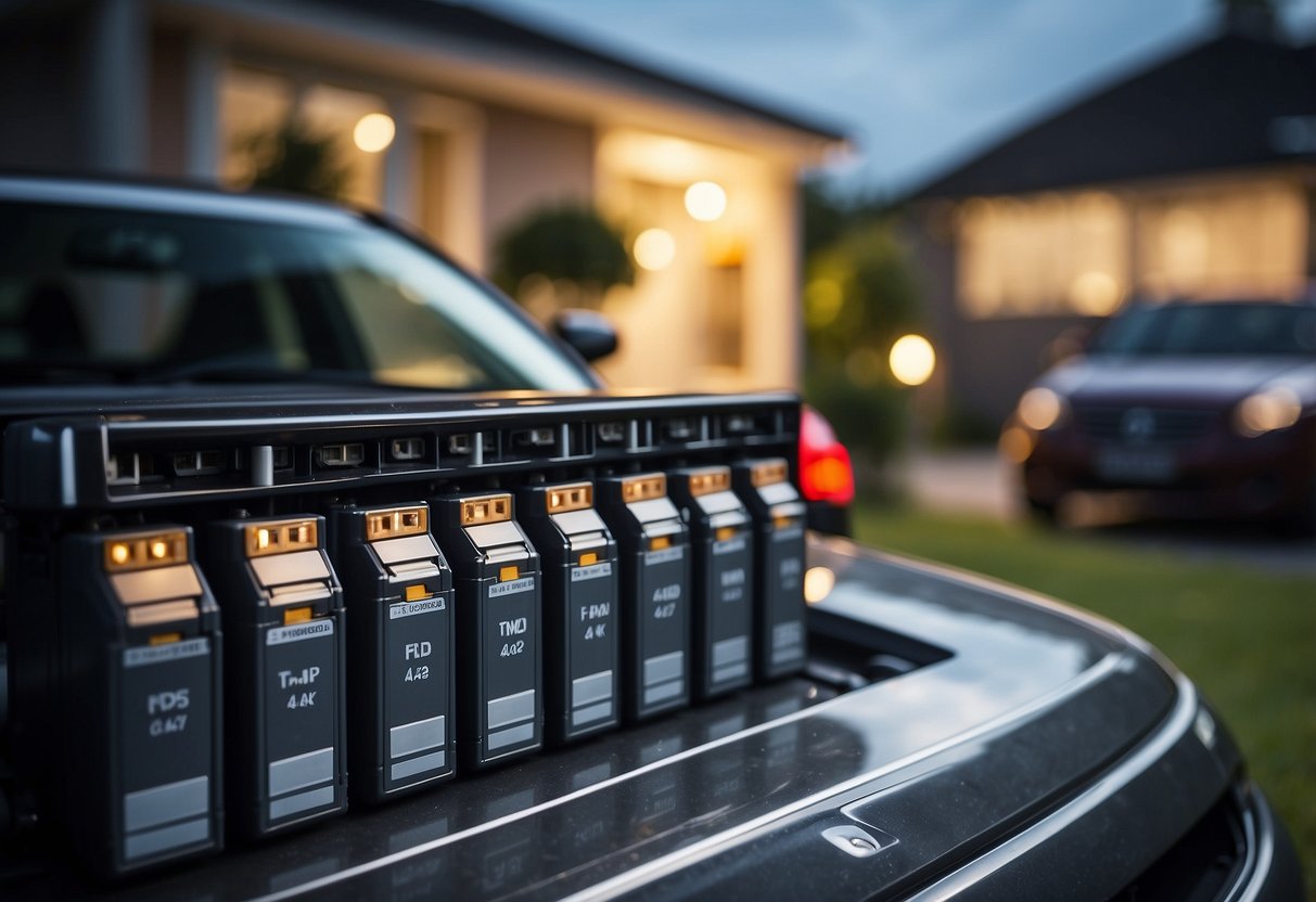 Several car batteries connected to a house, powering appliances and lights. Calculations and energy requirements displayed on a screen