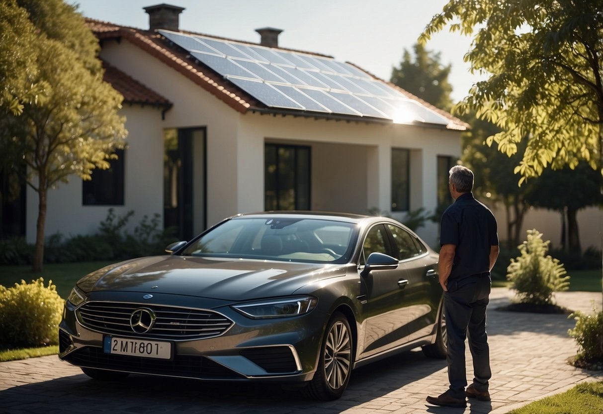 A house powered by car batteries, with solar panels for sustainability and a maintenance technician checking the system for safety