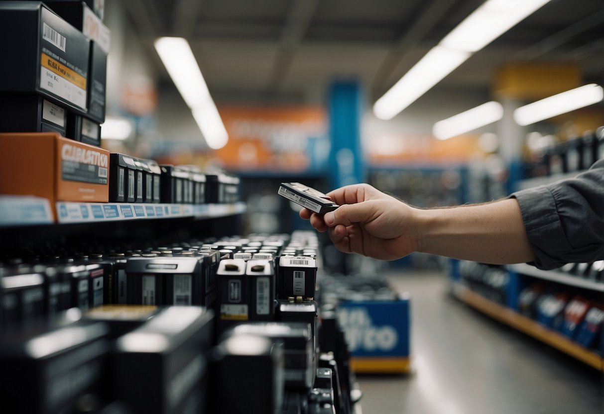 A hand reaching out to purchase a used car battery from a shelf in a cluttered auto parts store