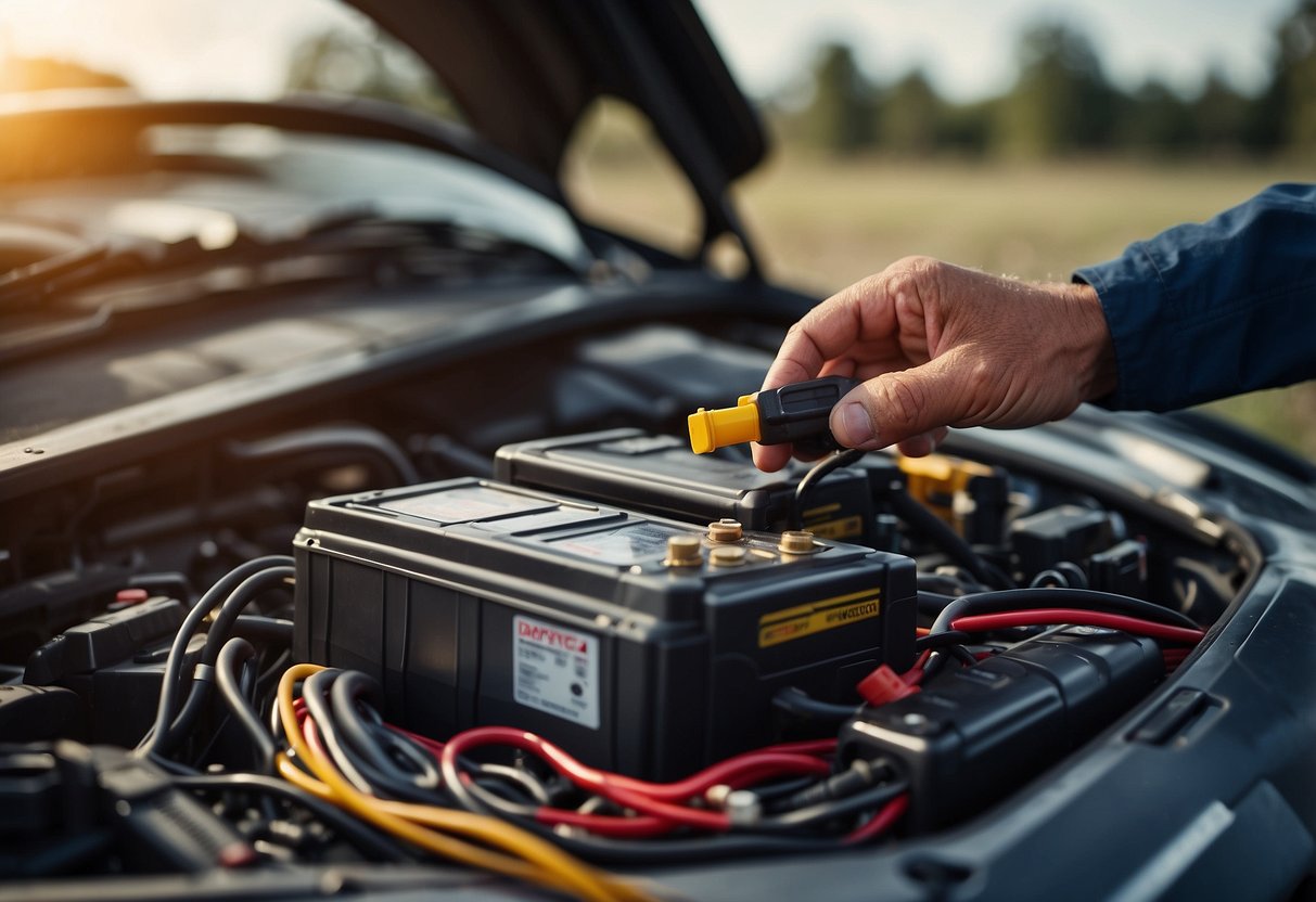 A mechanic inspects a used car battery with a multimeter, checking for voltage and overall condition. Nearby, a stack of other used batteries awaits assessment