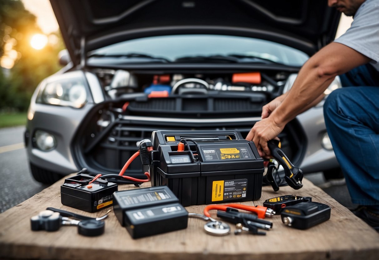 A person installing a used car battery in a vehicle, with tools and equipment scattered around