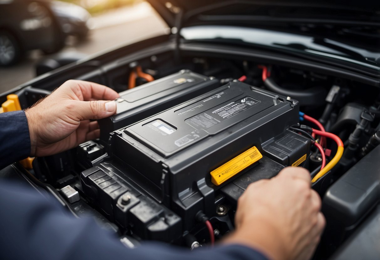 A hand placing a used car battery into a vehicle's battery compartment, ensuring it meets the vehicle's specific requirements