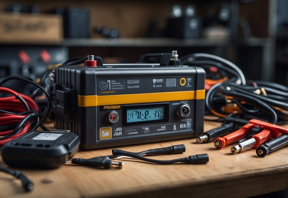 A car battery sits on a workbench, surrounded by tools and wires. A voltage meter is attached to the battery, displaying a reading