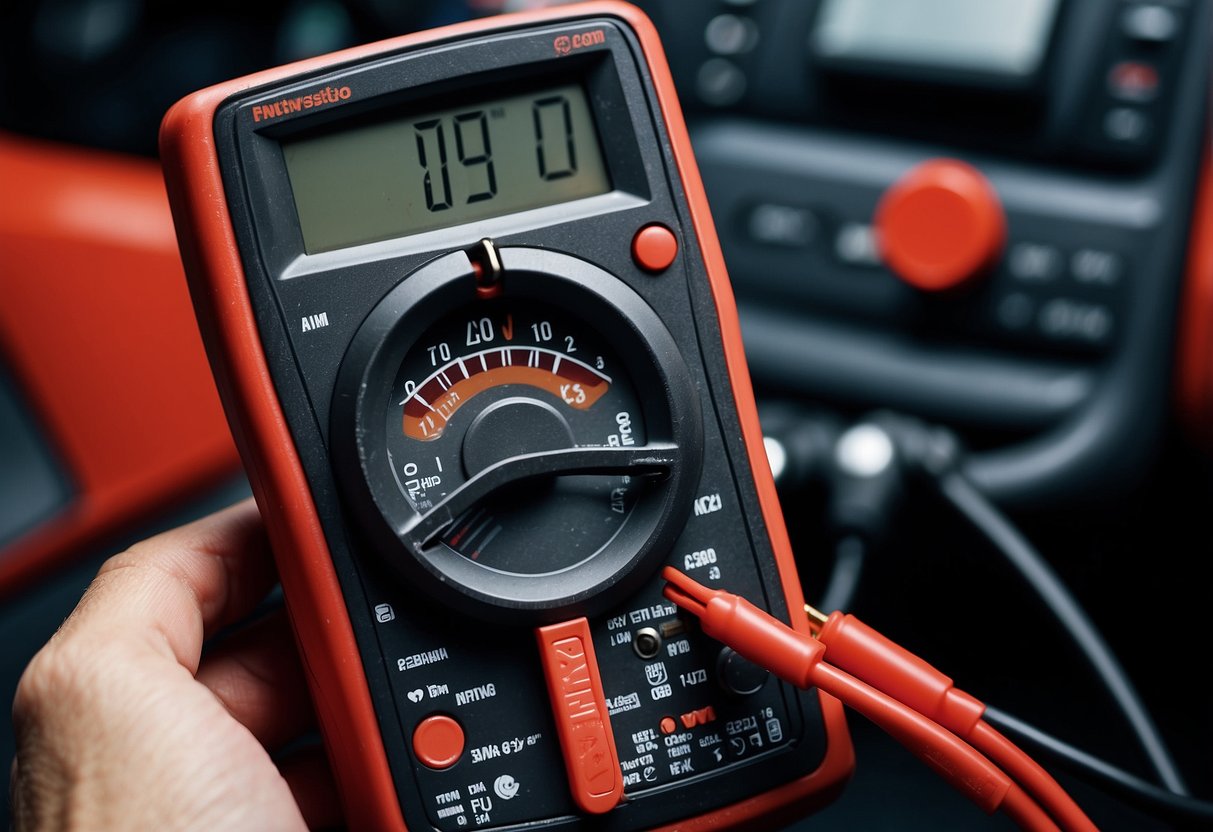 A multimeter measures voltage in a car battery. The tester's red and black probes touch the positive and negative terminals, displaying the voltage on the digital screen