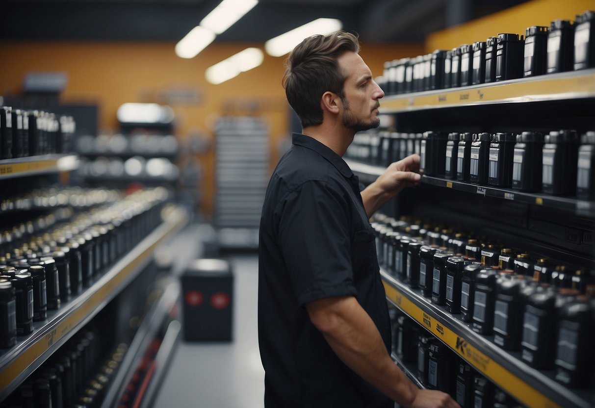 A person standing in front of a row of car batteries at an auto parts store, looking at different options and comparing prices