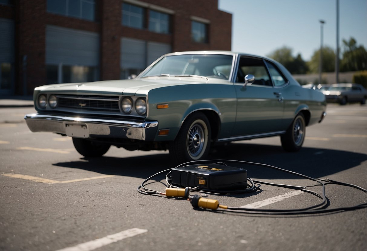 A car with a dead battery sits in a parking lot, hood open and cables dangling