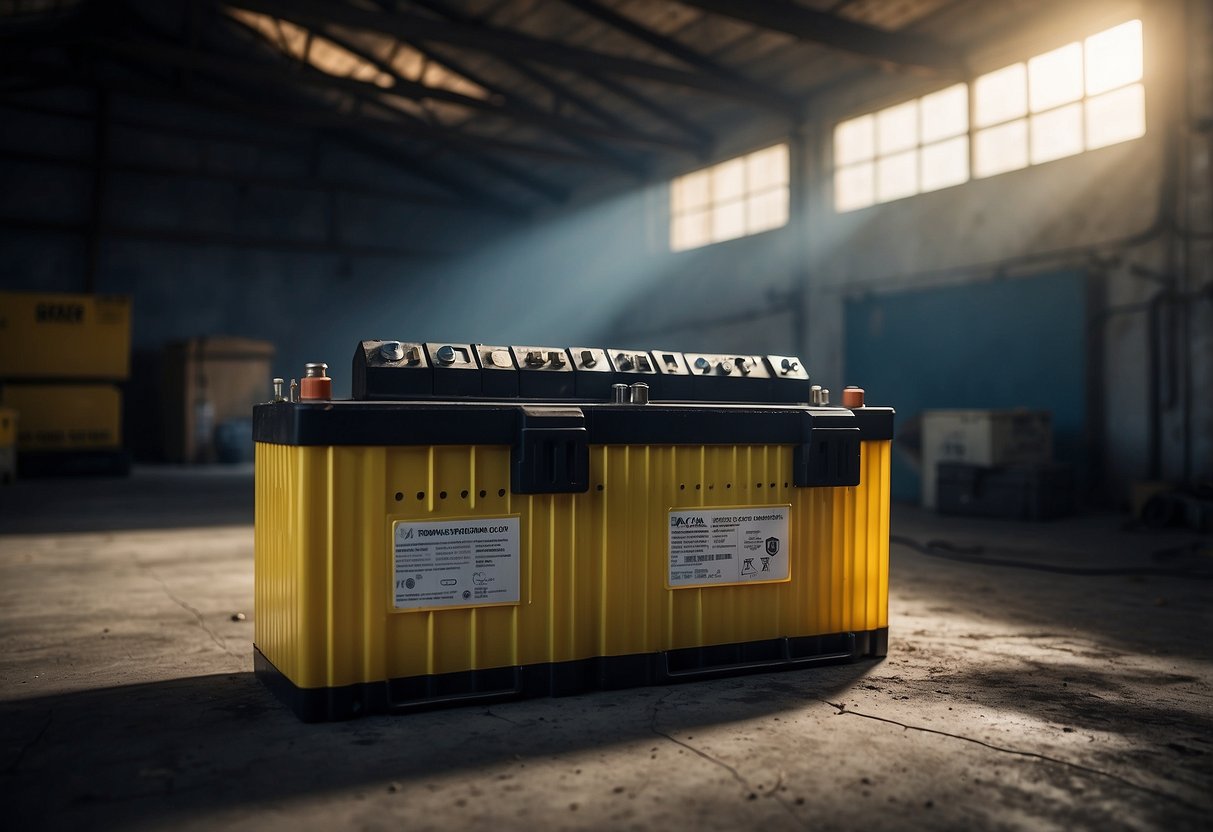 A car battery sits untouched in a dimly lit garage, surrounded by cobwebs and dust, its terminals covered in corrosion