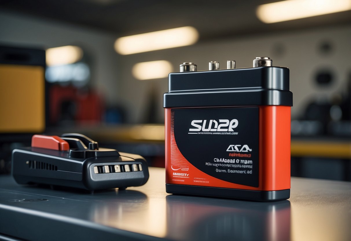 A AAA car battery sits on a clean, well-lit workbench. Its sleek design and prominent logo convey a sense of quality and reliability