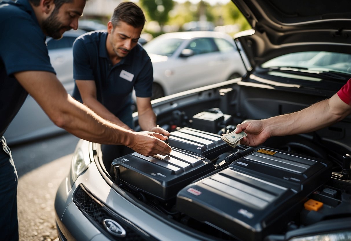 A customer hands over money to a salesperson, who then installs an AAA car battery under the hood of a vehicle