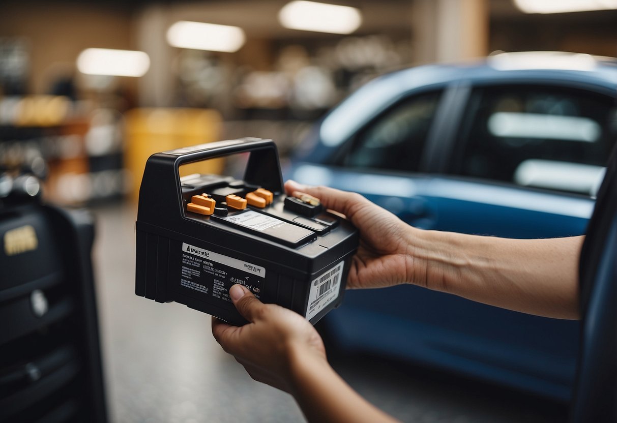 A car battery being handed back to a store clerk with a receipt