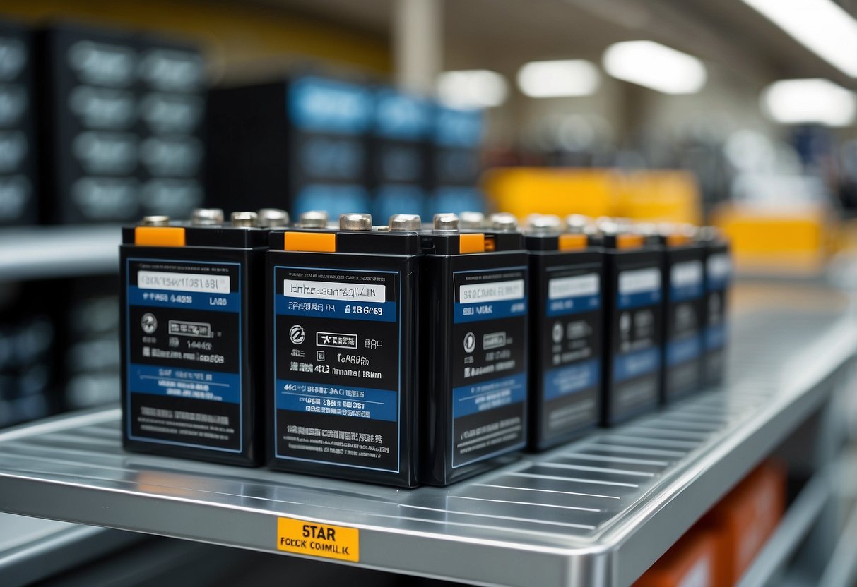 A stack of car batteries sits on a shelf, labeled with return policy details. The store's return counter is visible in the background