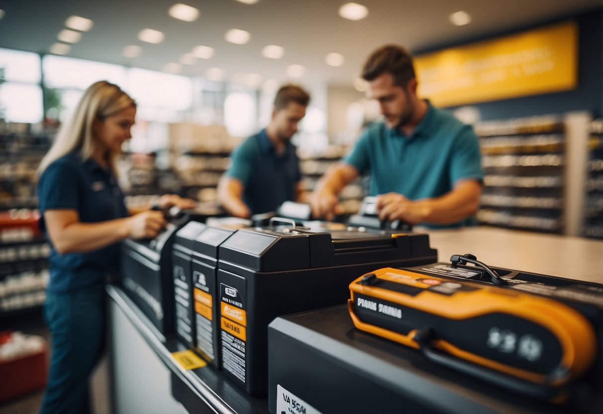 A customer returning a car battery at a store counter