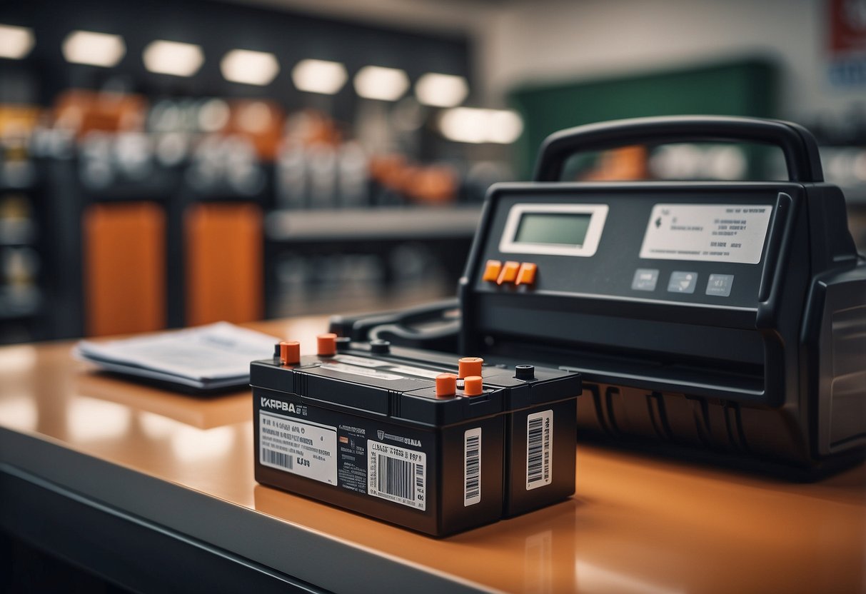 A car battery sits on a store counter, next to a receipt and a sign asking if car batteries are returnable