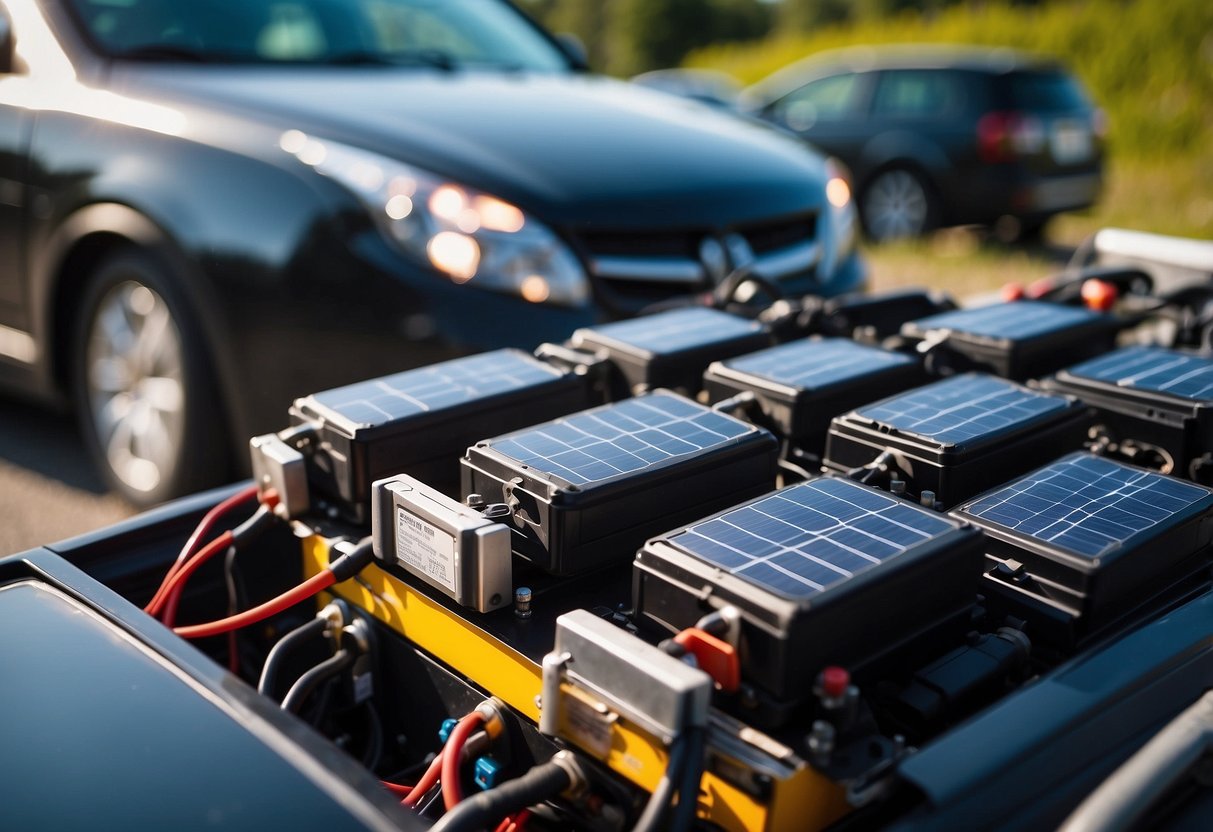 Car batteries connected to solar panels, powering a small off-grid system