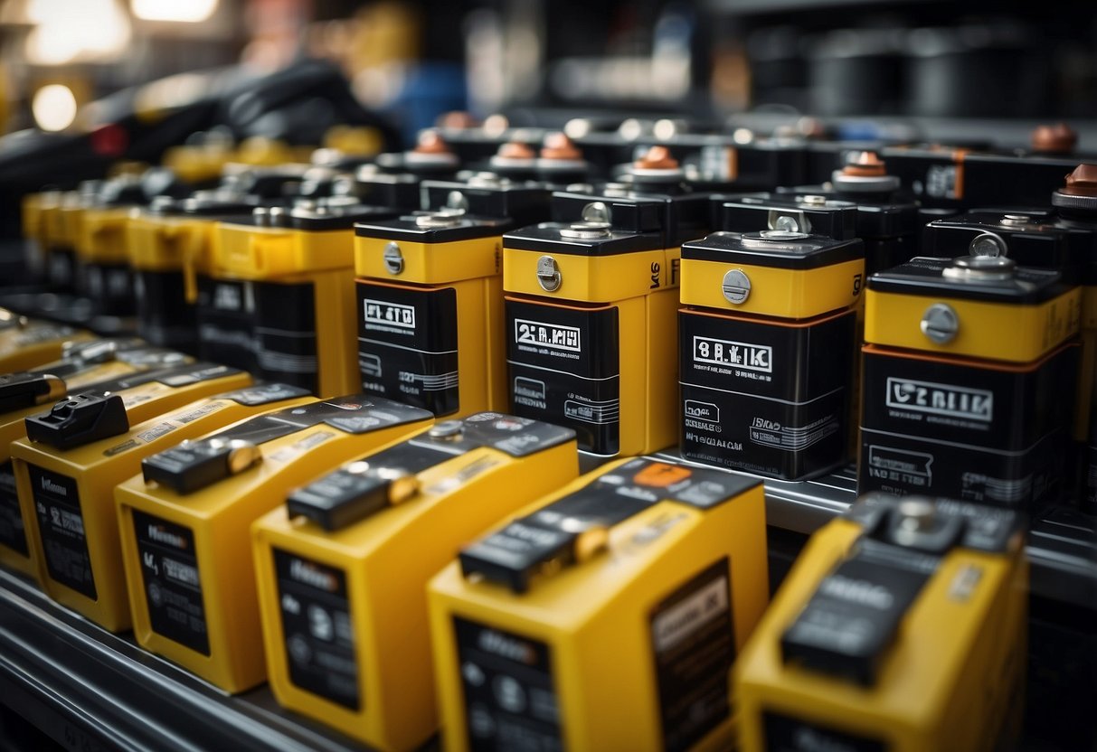 Several car batteries of various sizes and shapes, all labeled as 12-volt, are lined up on a shelf in a well-lit auto parts store