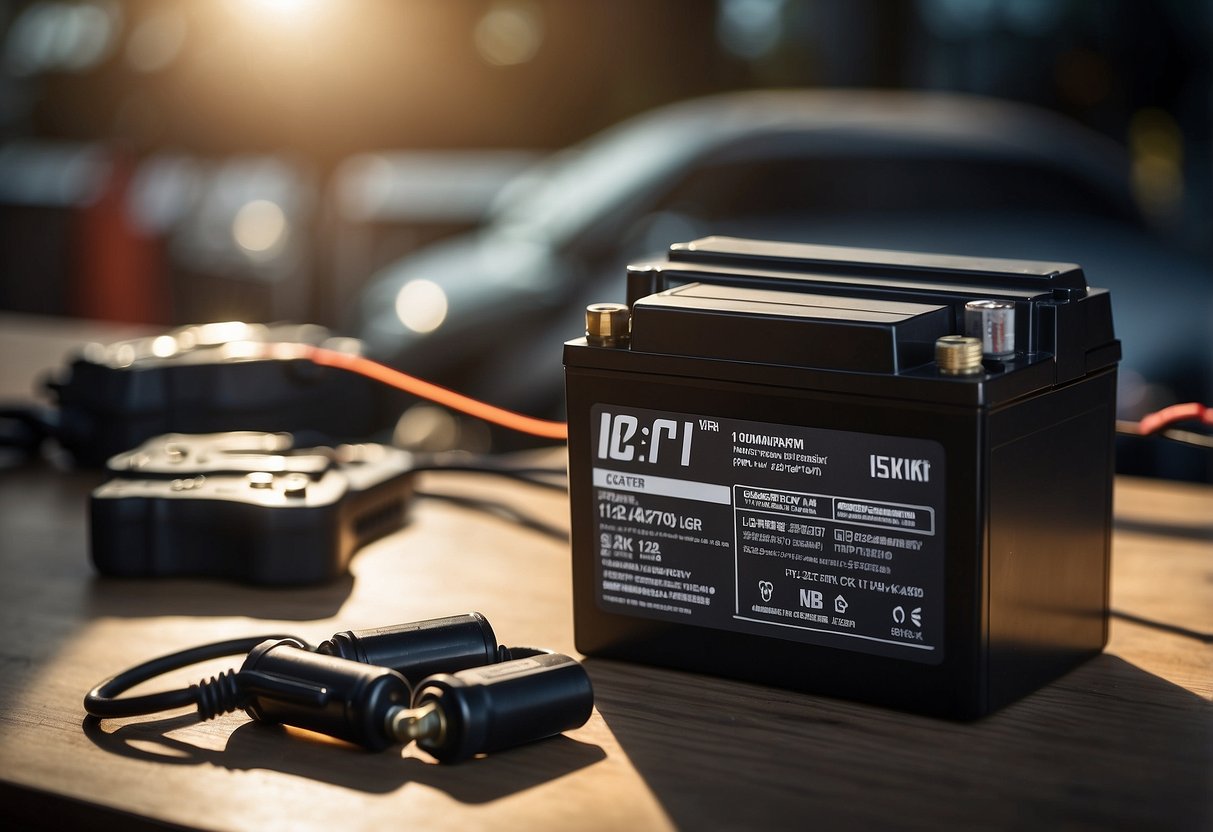 A car battery sits on a workbench, labeled "12V" with technical specifications nearby