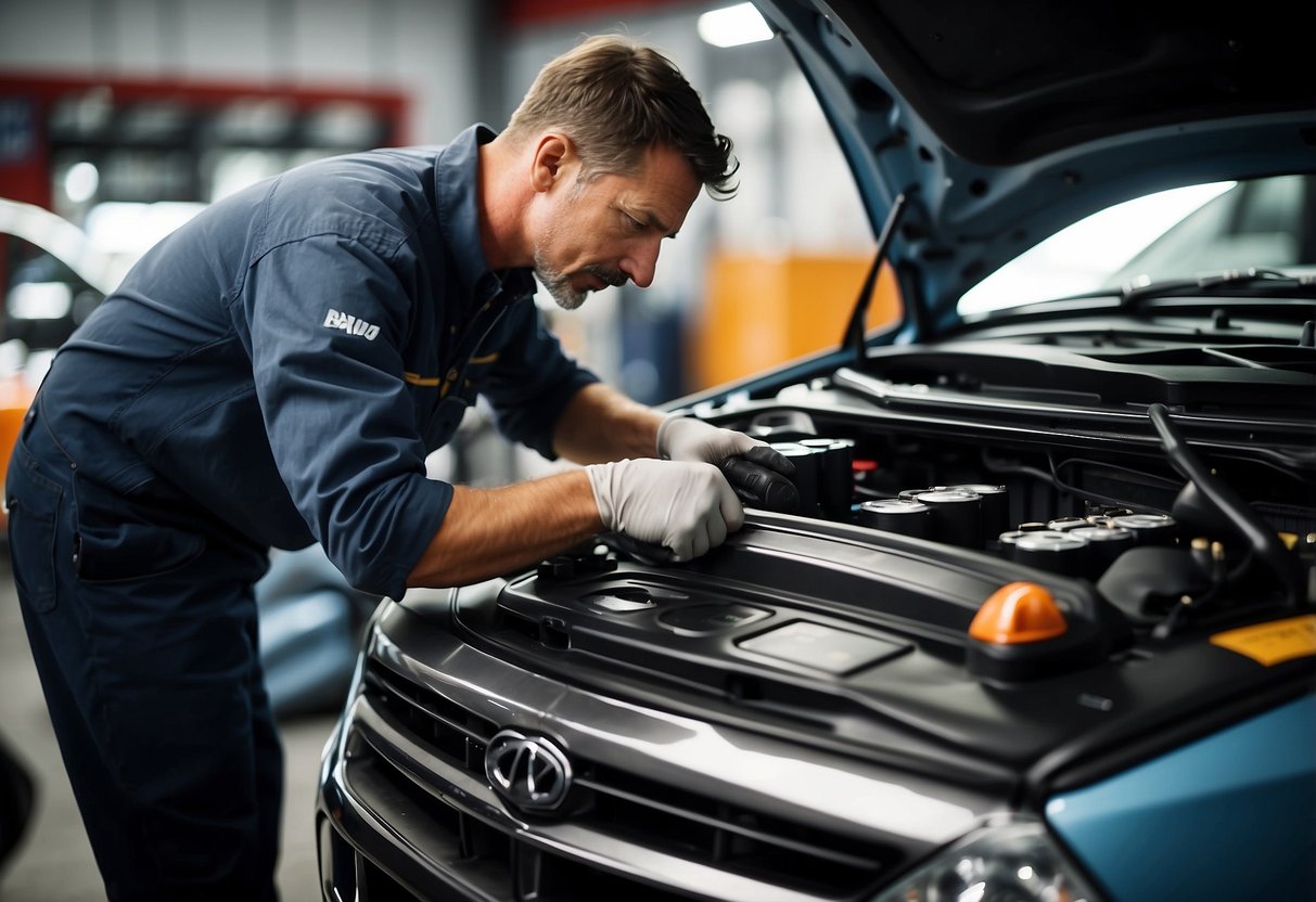 A mechanic replacing a 12-volt car battery with a new one