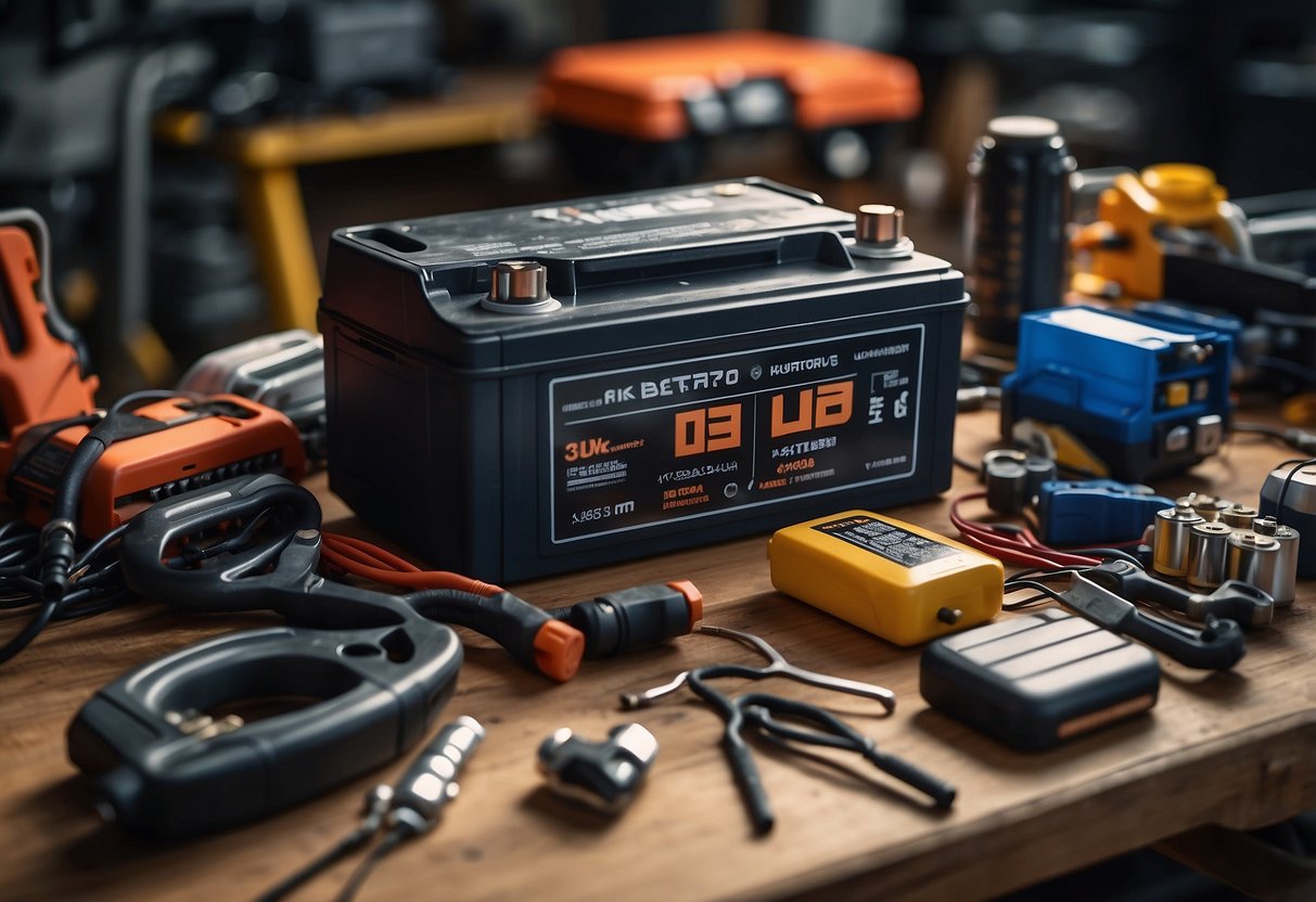 A car battery sits on a workbench, surrounded by tools and wires. The label reads "12V" in bold letters