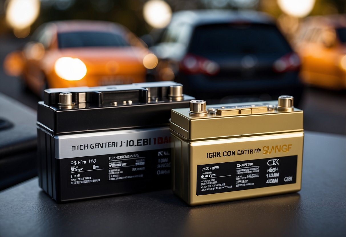 A shiny, high-end car battery sits next to a standard one. The expensive one is larger and has a sleek design, while the standard one is smaller and more basic