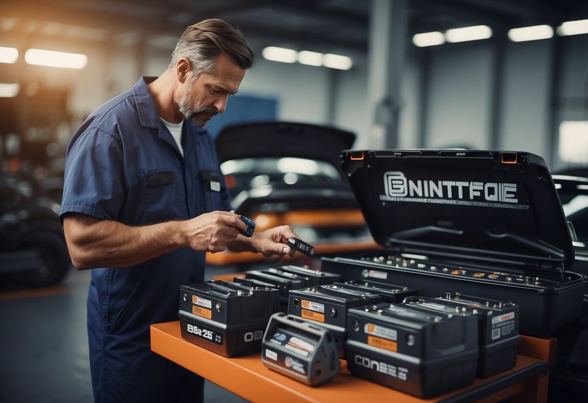 A mechanic comparing standard and premium car batteries on a workbench