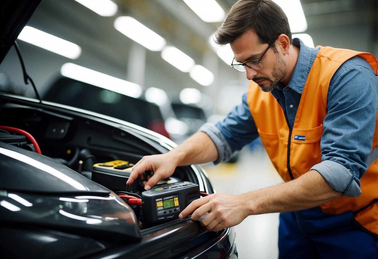 A technician at Sam's Club tests a car battery using a multimeter